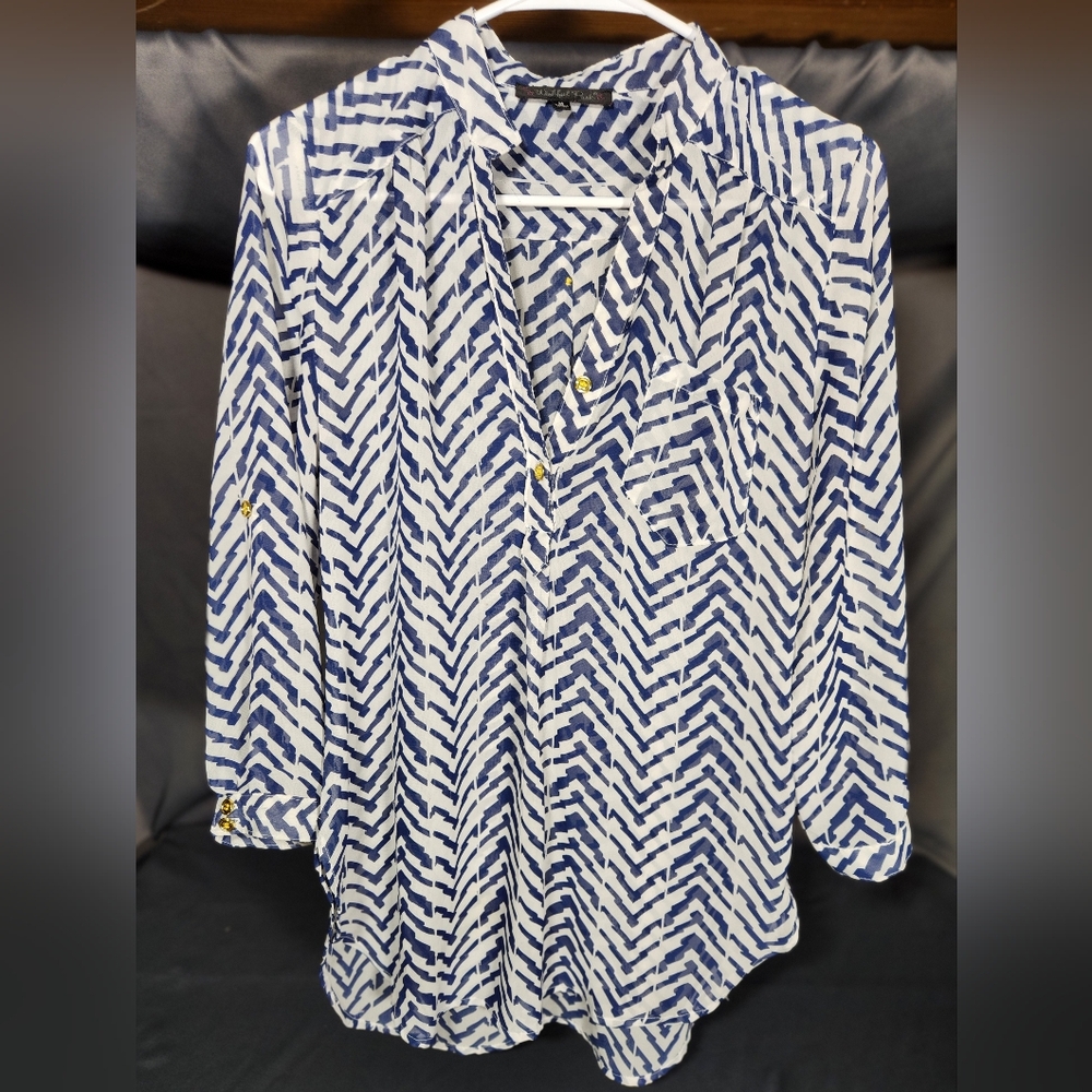 Wishful Park sheer chiffon blouse with cuffed sleeves with tabs/gold buttons